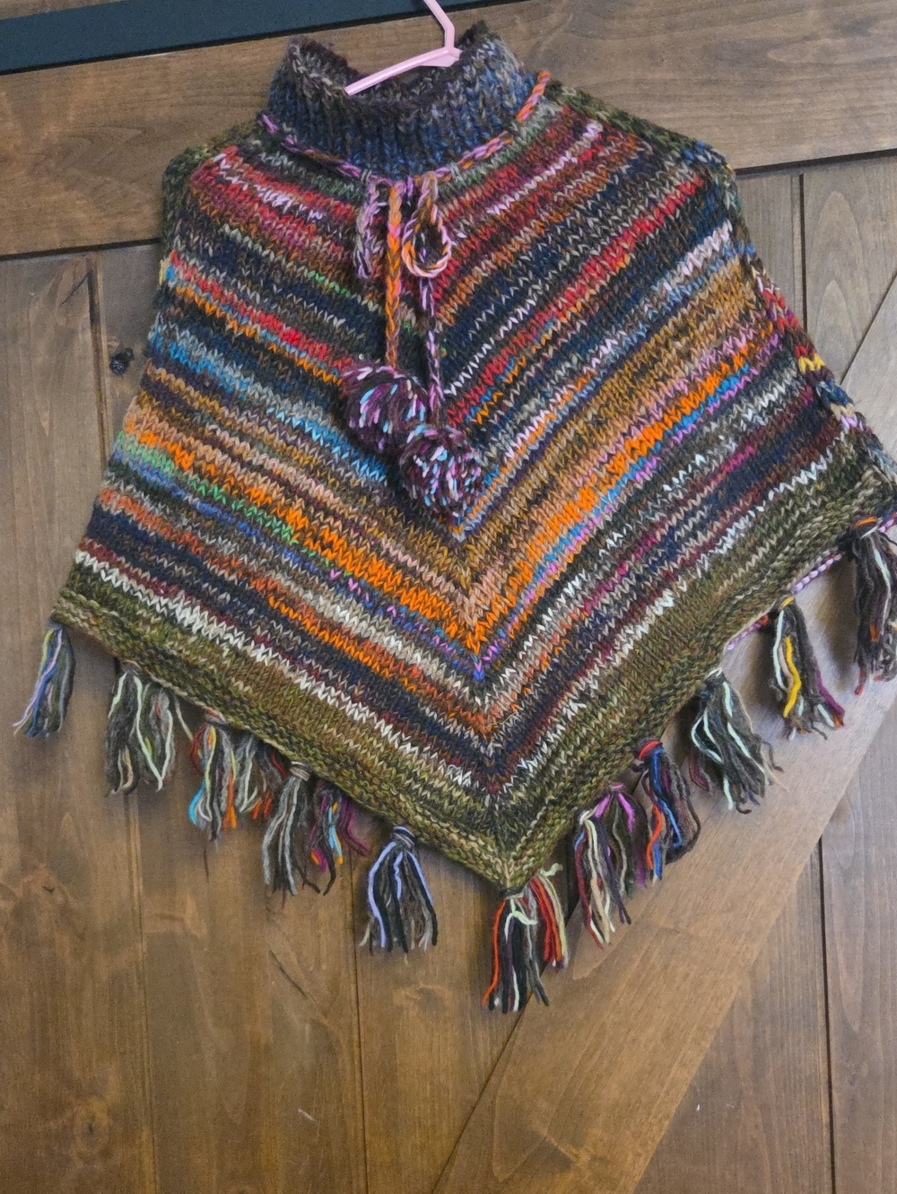 Kids Handmade Multicolor Knit Poncho with Fringe 100% Wool